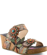 L'ARTISTE Moai Leather Floral Ornamented Wedge Slide Sandals