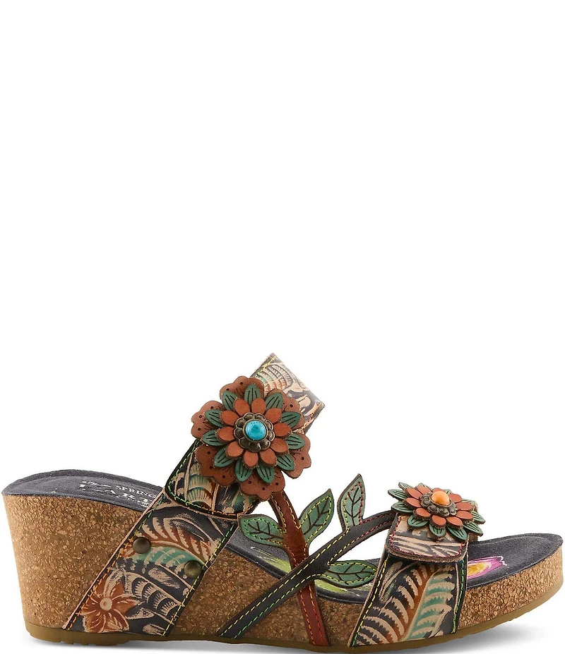 L'ARTISTE Moai Leather Floral Ornamented Wedge Slide Sandals