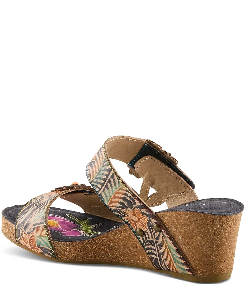 L'ARTISTE Moai Leather Floral Ornamented Wedge Slide Sandals