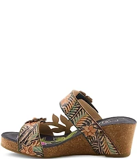 L'ARTISTE Moai Leather Floral Ornamented Wedge Slide Sandals