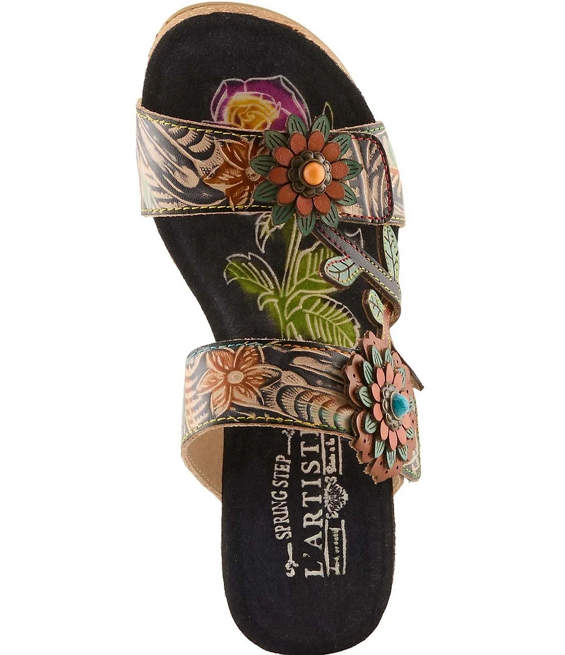 L'ARTISTE Moai Leather Floral Ornamented Wedge Slide Sandals