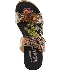 L'ARTISTE Moai Leather Floral Ornamented Wedge Slide Sandals