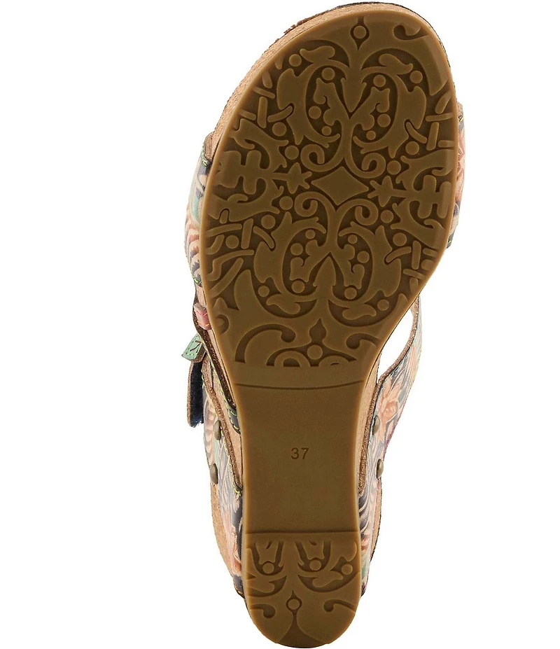 L'ARTISTE Moai Leather Floral Ornamented Wedge Slide Sandals