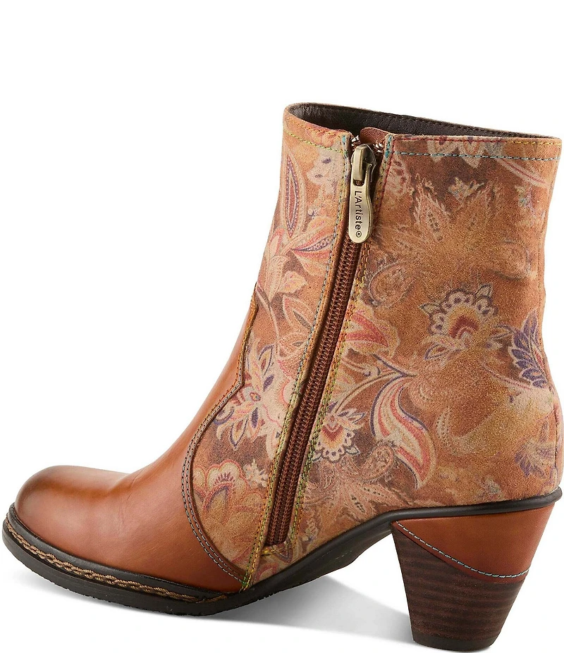 L`ARTISTE Naima Leather Floral Fabric Ornamented Faux Fur Lined Ankle Booties