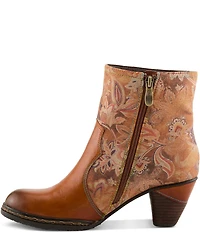 L`ARTISTE Naima Leather Floral Fabric Ornamented Faux Fur Lined Ankle Booties