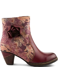 L`ARTISTE Naima Leather Floral Fabric Ornamented Faux Fur Lined Ankle Booties