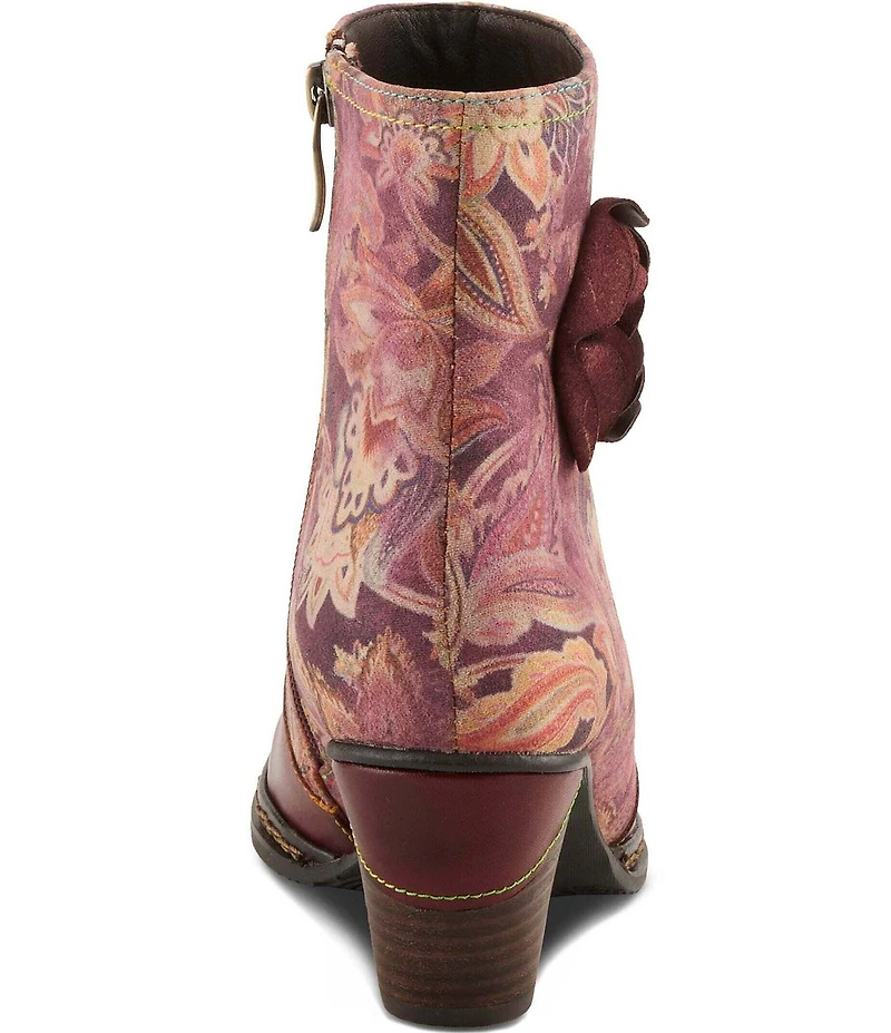 L`ARTISTE Naima Leather Floral Fabric Ornamented Faux Fur Lined Ankle Booties