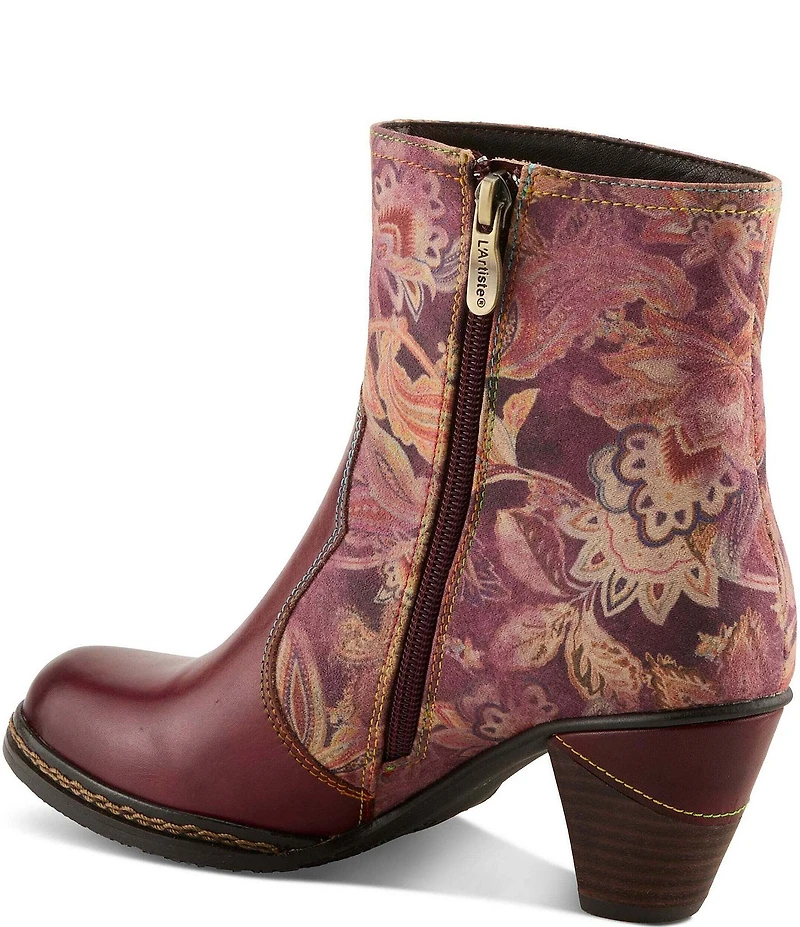 L`ARTISTE Naima Leather Floral Fabric Ornamented Faux Fur Lined Ankle Booties