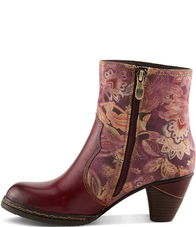 L`ARTISTE Naima Leather Floral Fabric Ornamented Faux Fur Lined Ankle Booties
