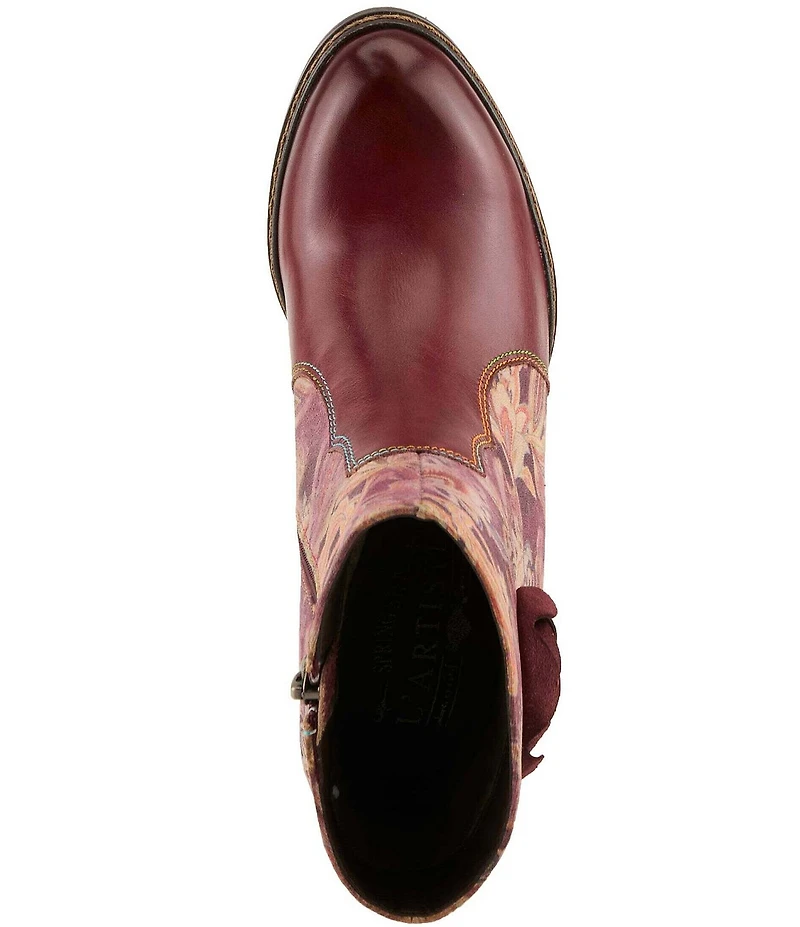 L`ARTISTE Naima Leather Floral Fabric Ornamented Faux Fur Lined Ankle Booties