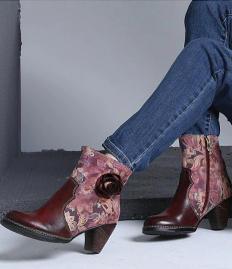 L`ARTISTE Naima Leather Floral Fabric Ornamented Faux Fur Lined Ankle Booties