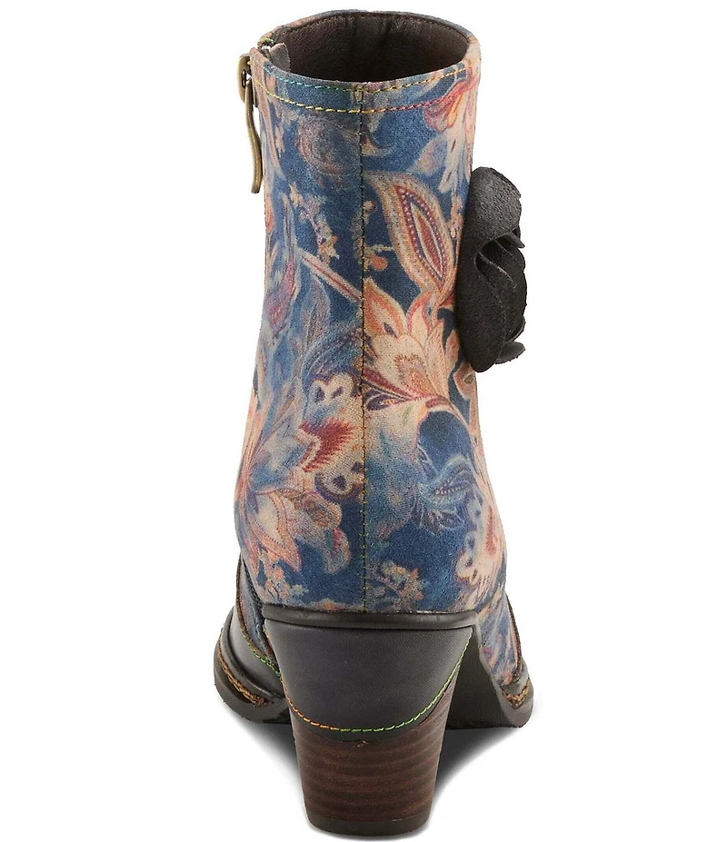 L`ARTISTE Naima Leather Floral Fabric Ornamented Faux Fur Lined Ankle Booties