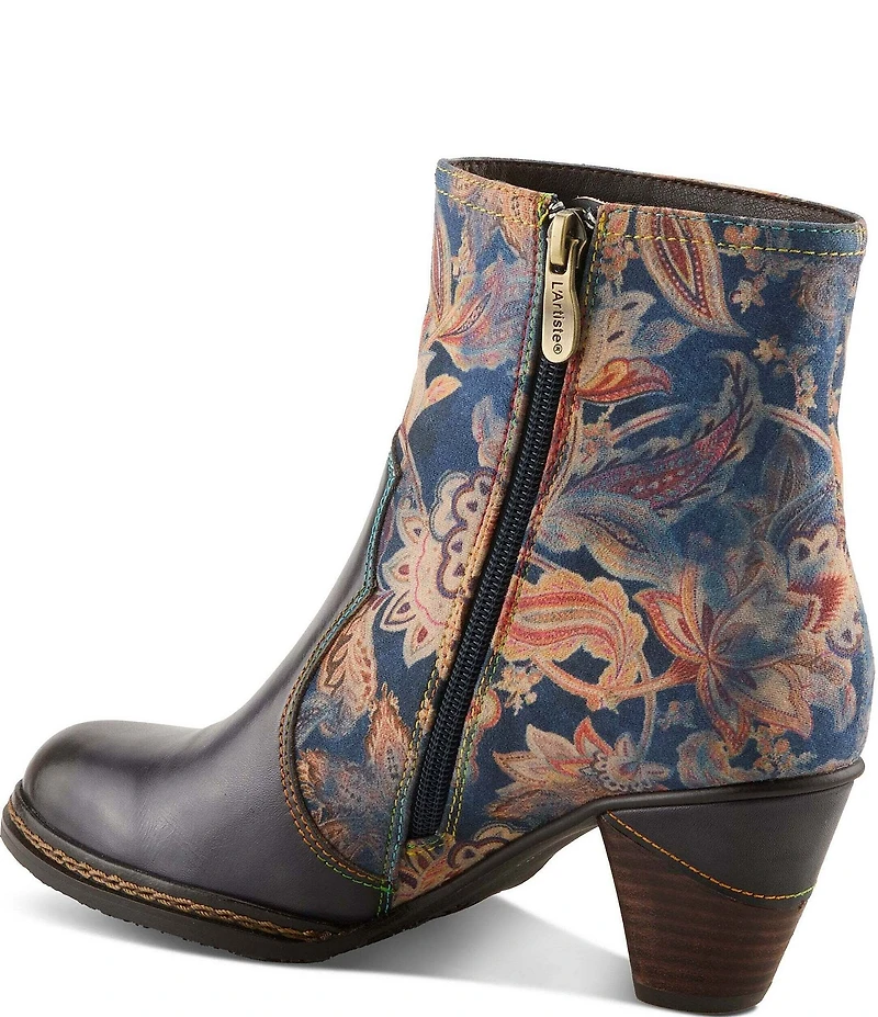 L`ARTISTE Naima Leather Floral Fabric Ornamented Faux Fur Lined Ankle Booties