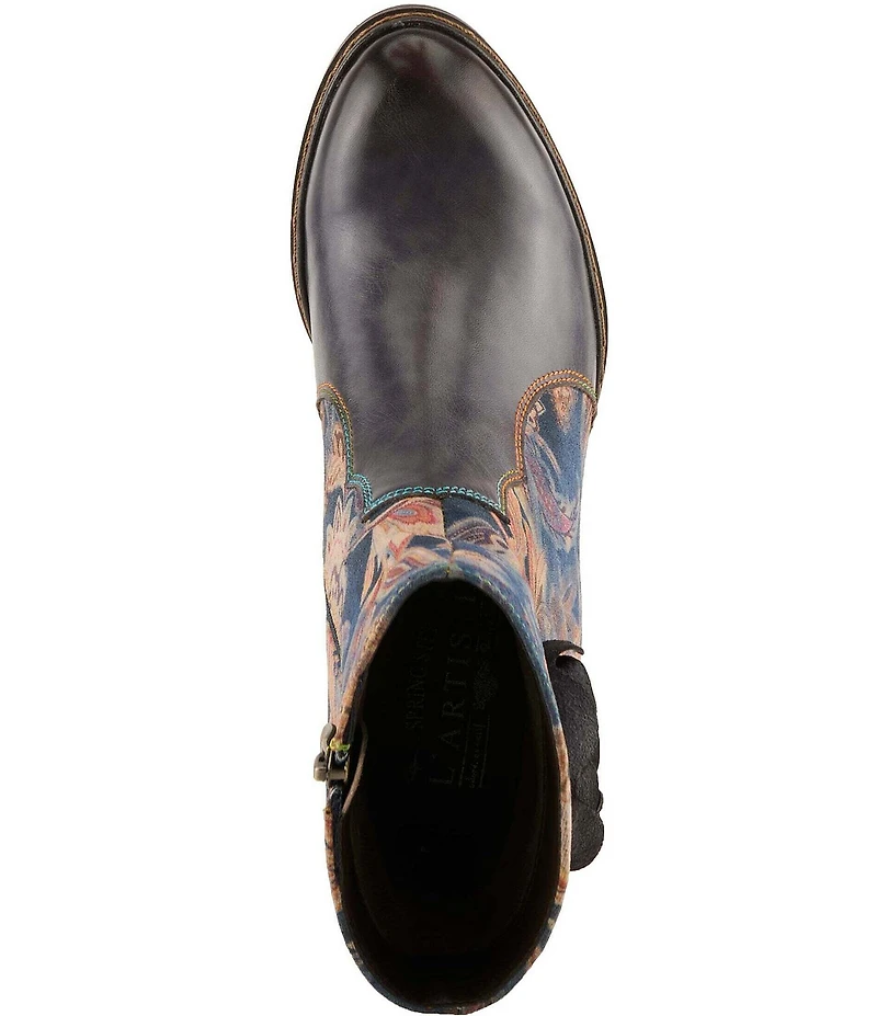 L`ARTISTE Naima Leather Floral Fabric Ornamented Faux Fur Lined Ankle Booties