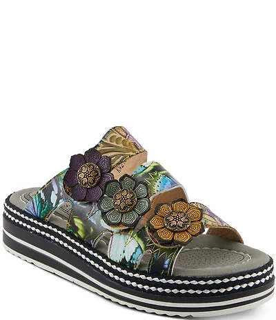 L'ARTISTE Naomi-Monarch Butterfly Print Leather Flower Ornaments Platform Slide Sandals