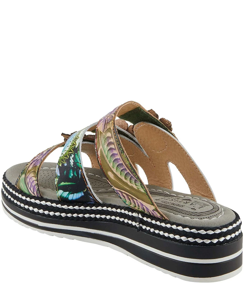 L'ARTISTE Naomi-Monarch Butterfly Print Leather Flower Ornaments Platform Slide Sandals