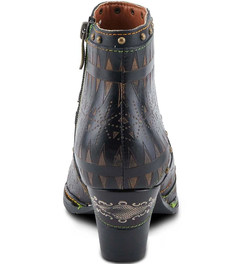 L'ARTISTE Niobe Etched Leather Studded Ankle Booties