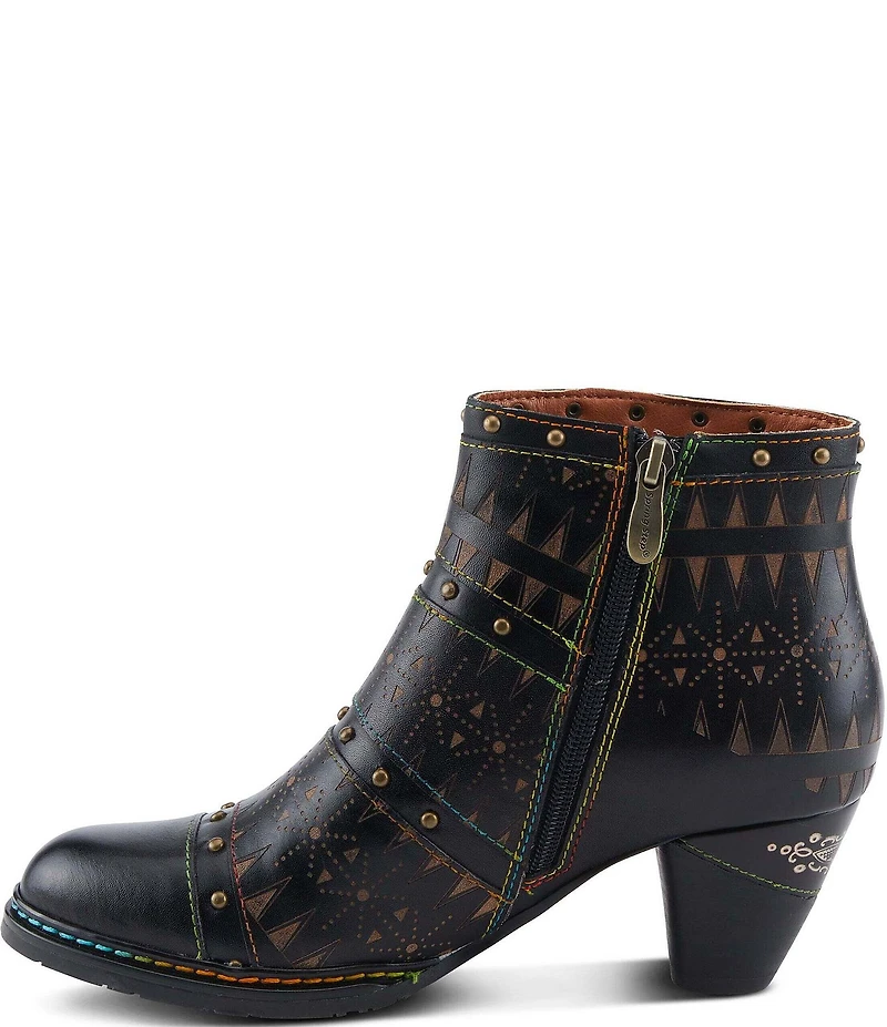 L'ARTISTE Niobe Etched Leather Studded Ankle Booties