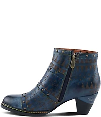 L'ARTISTE Niobe Etched Leather Studded Ankle Booties