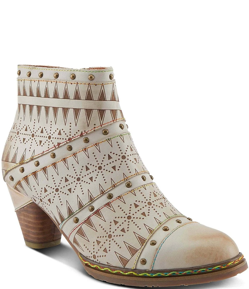L'ARTISTE Niobe Etched Leather Studded Ankle Booties