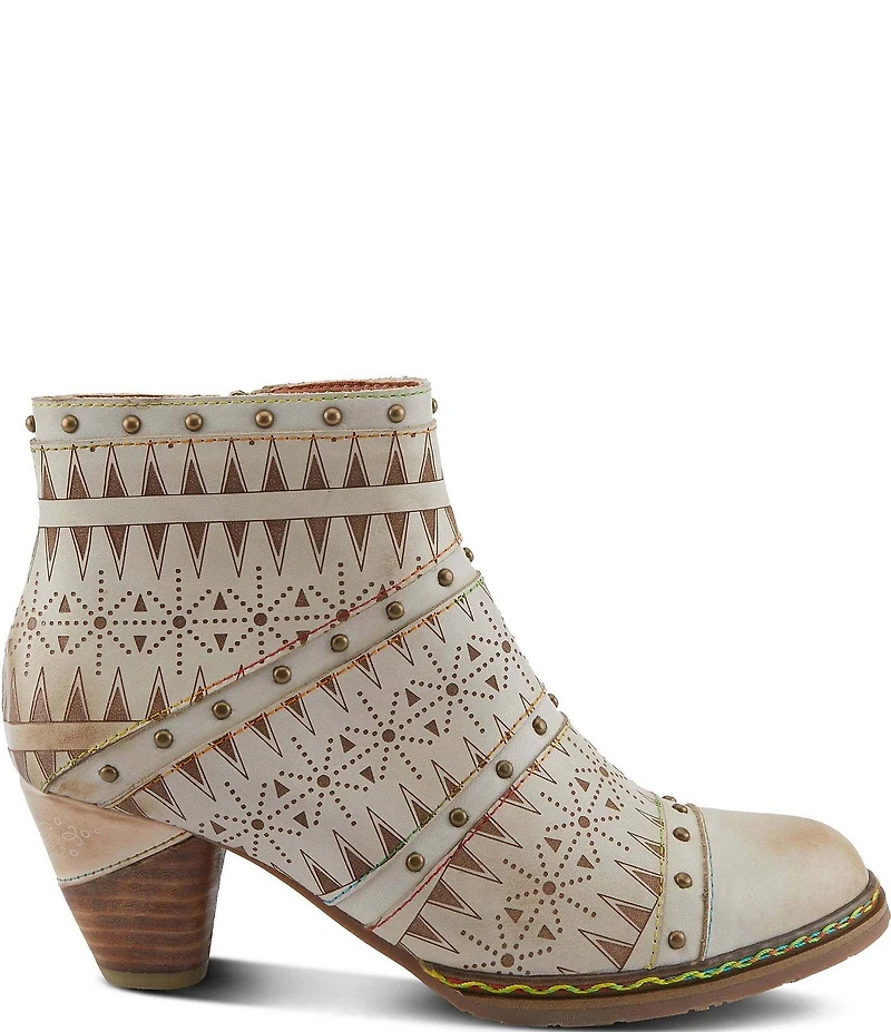 L'ARTISTE Niobe Etched Leather Studded Ankle Booties