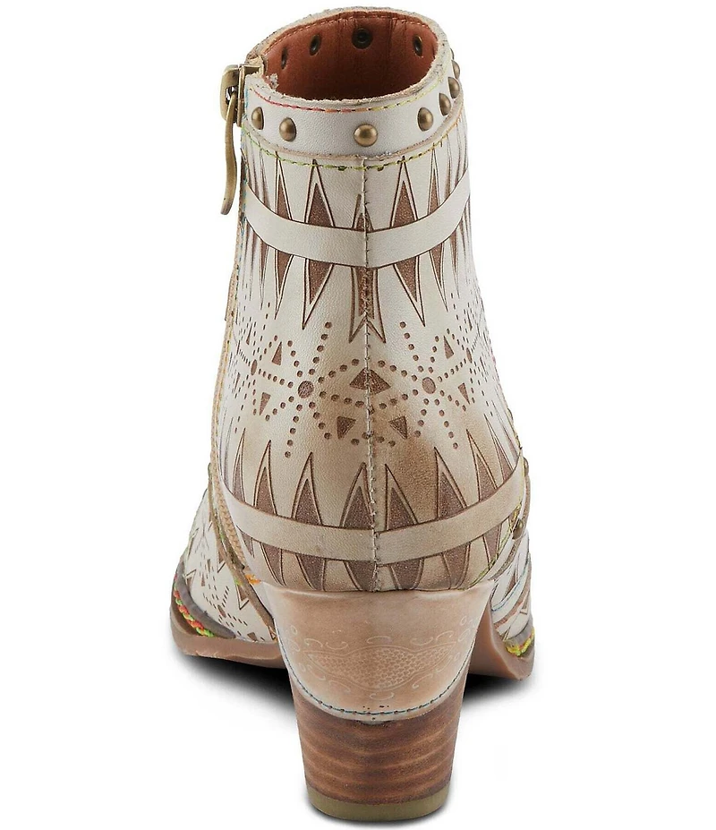 L'ARTISTE Niobe Etched Leather Studded Ankle Booties