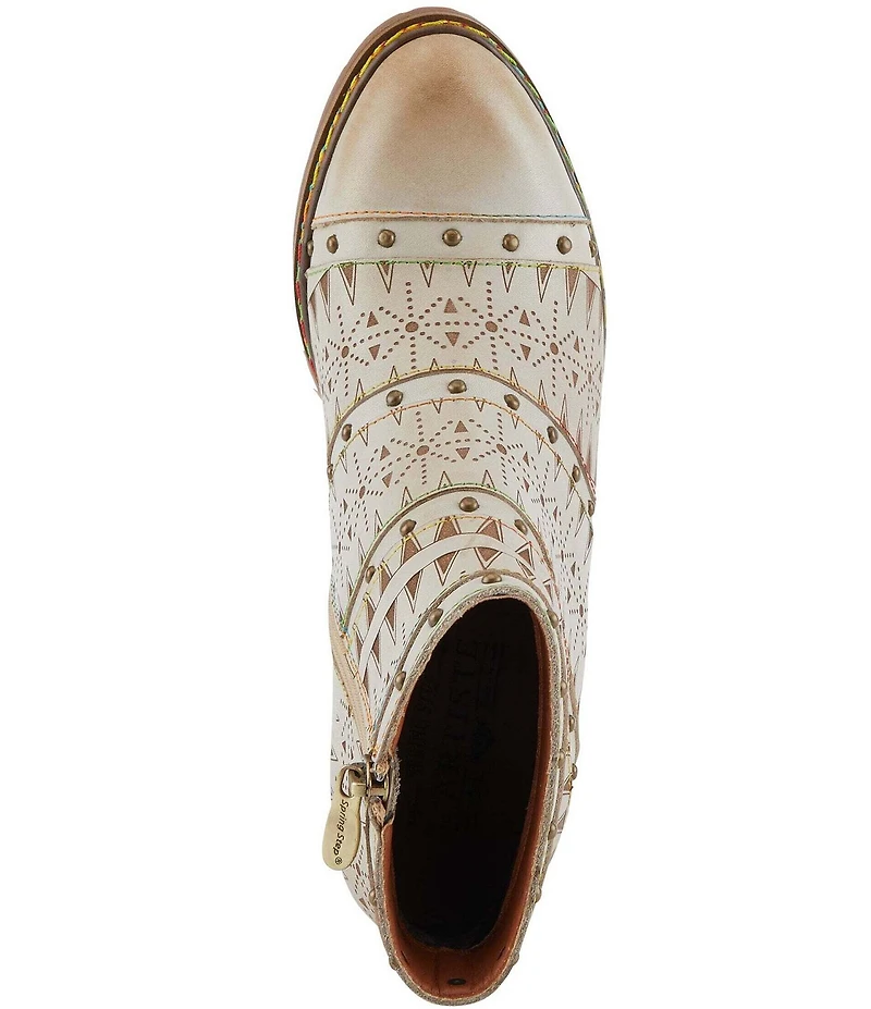 L'ARTISTE Niobe Etched Leather Studded Ankle Booties