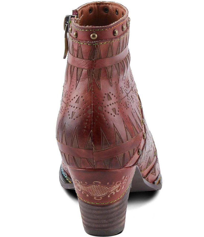 L'ARTISTE Niobe Etched Leather Studded Ankle Booties