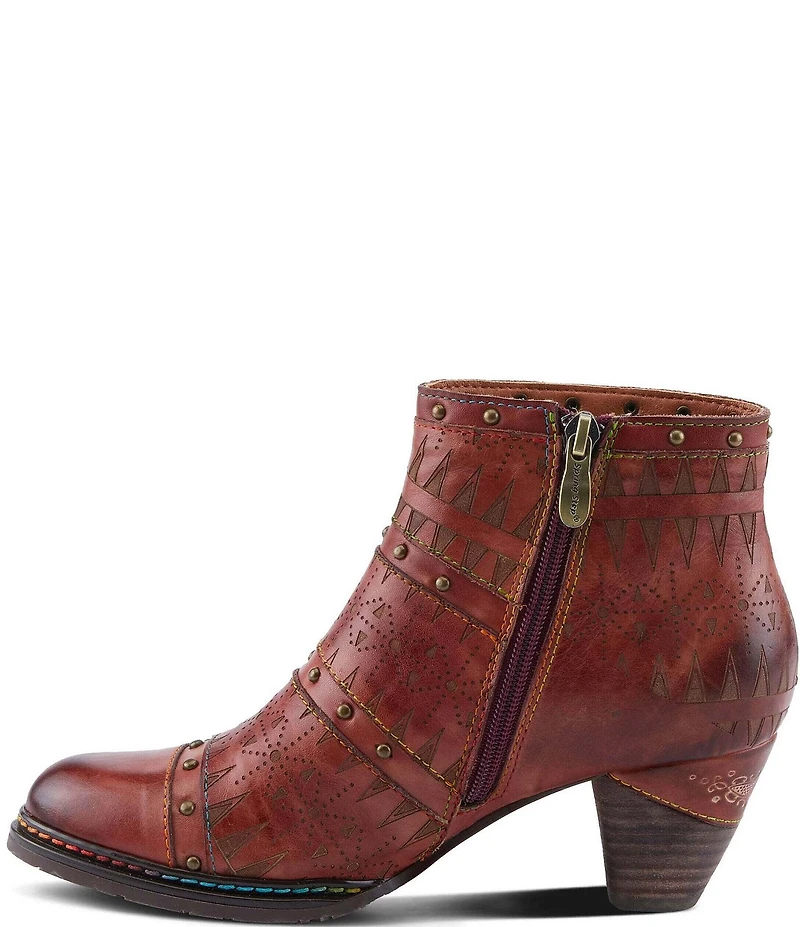 L'ARTISTE Niobe Etched Leather Studded Ankle Booties