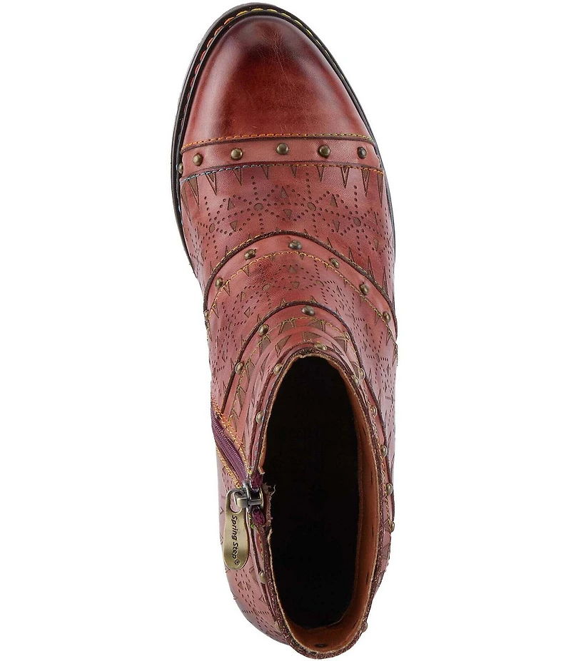 L'ARTISTE Niobe Etched Leather Studded Ankle Booties