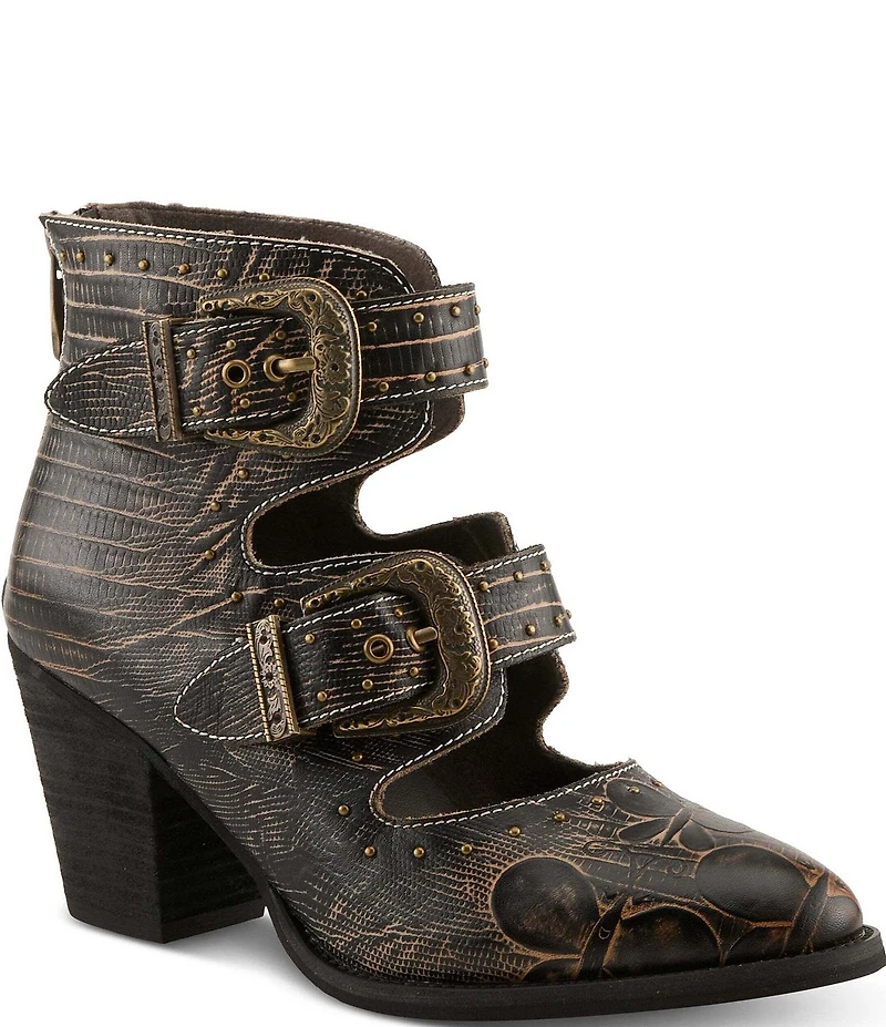 L'ARTISTE Notched Embossed Studded Leather Cut Out Western Buckle Hardware Booties