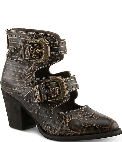 L'ARTISTE Notched Embossed Studded Leather Cut Out Western Buckle Hardware Booties