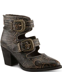 L'ARTISTE Notched Embossed Studded Leather Cut Out Western Buckle Hardware Booties