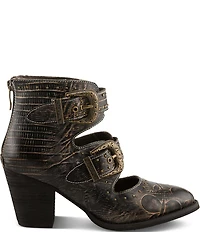 L'ARTISTE Notched Embossed Studded Leather Cut Out Western Buckle Hardware Booties
