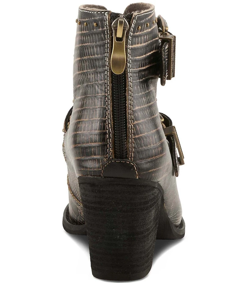 L'ARTISTE Notched Embossed Studded Leather Cut Out Western Buckle Hardware Booties