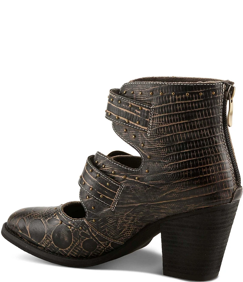 L'ARTISTE Notched Embossed Studded Leather Cut Out Western Buckle Hardware Booties