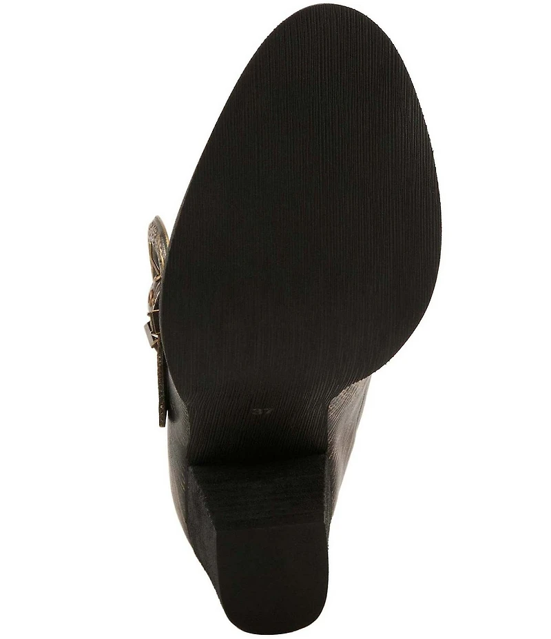 L'ARTISTE Notched Embossed Studded Leather Cut Out Western Buckle Hardware Booties