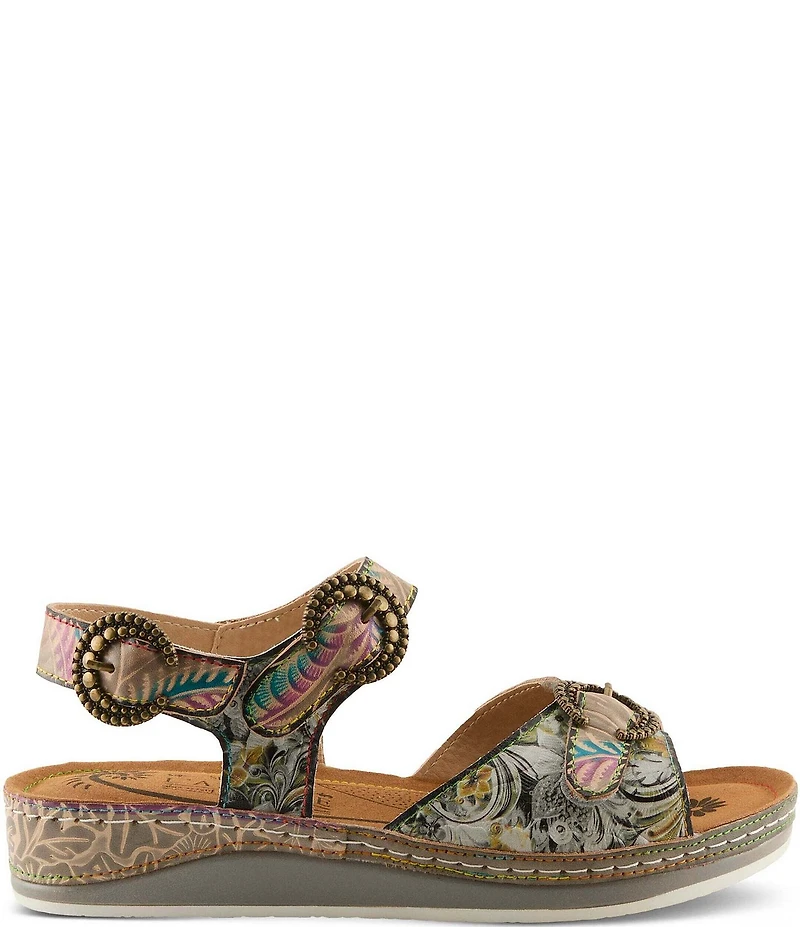 L'ARTISTE Offtrak Floral Print Leather Wedge Sandals