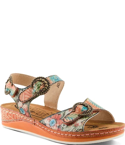 L'ARTISTE Offtrak Floral Print Leather Wedge Sandals