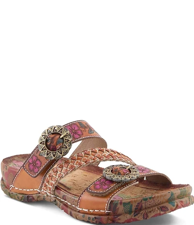 L'ARTISTE Ontheroad Embossed Floral Leather Slide Sandals