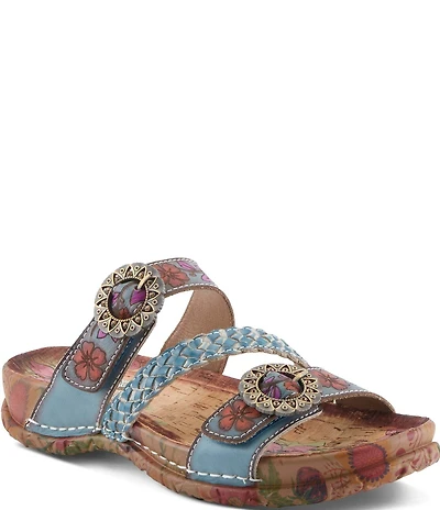 L'ARTISTE Ontheroad Embossed Floral Leather Slide Sandals