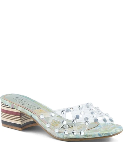 L'ARTISTE Ontherox Clear Vinyl Crystal Stones Block Heel Slide Sandals
