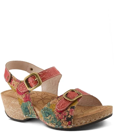L'ARTISTE Osuna Floral Print Cork Embossed Leather Sandals