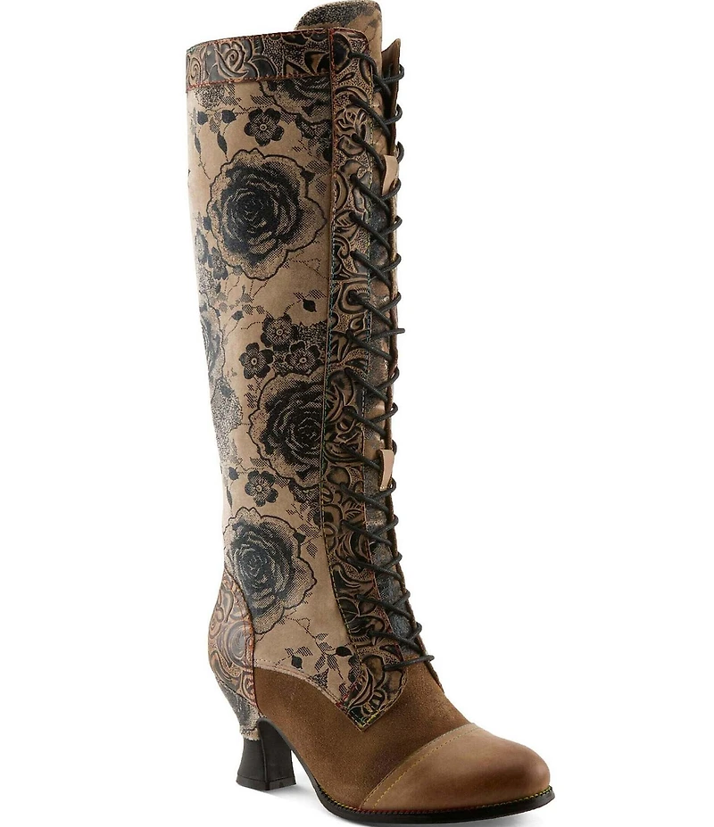 L'ARTISTE Peonyheaven Romantic Floral Print Mixed Leather Lace Up Tall Boots