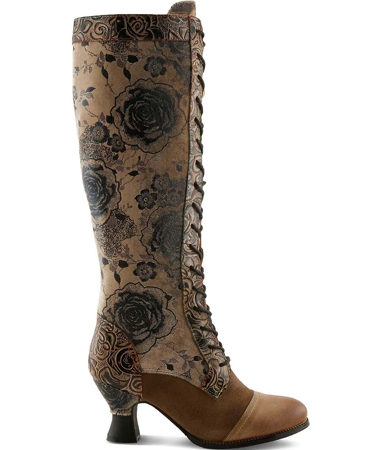 L'ARTISTE Peonyheaven Romantic Floral Print Mixed Leather Lace Up Tall Boots