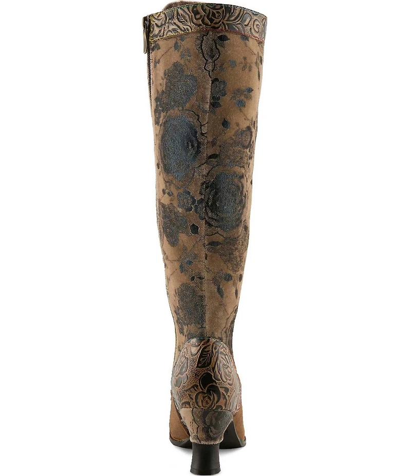 L'ARTISTE Peonyheaven Romantic Floral Print Mixed Leather Lace Up Tall Boots