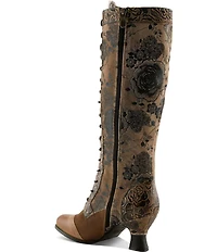 L'ARTISTE Peonyheaven Romantic Floral Print Mixed Leather Lace Up Tall Boots