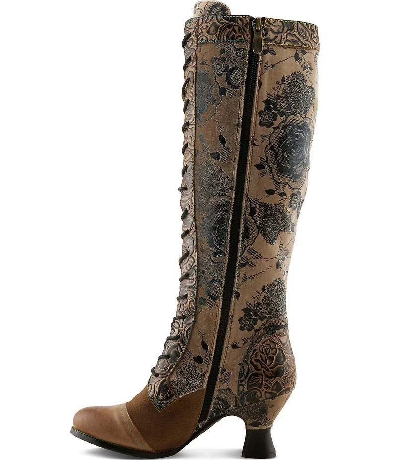 L'ARTISTE Peonyheaven Romantic Floral Print Mixed Leather Lace Up Tall Boots