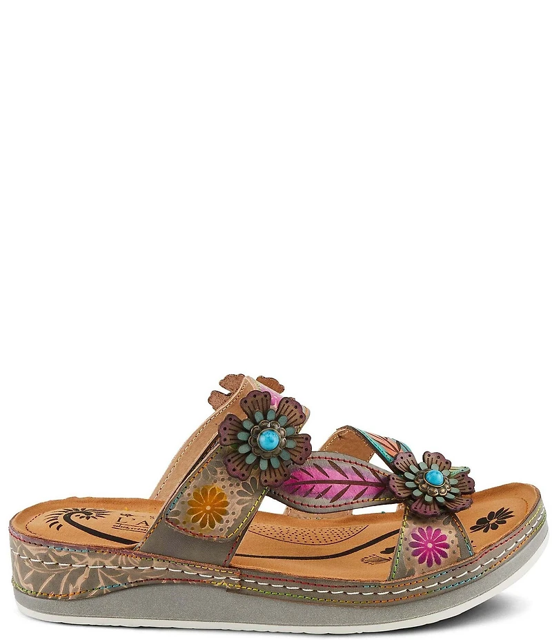 L'ARTISTE Pillow-Soft Leather Floral Embellished Platform Wedge Slides