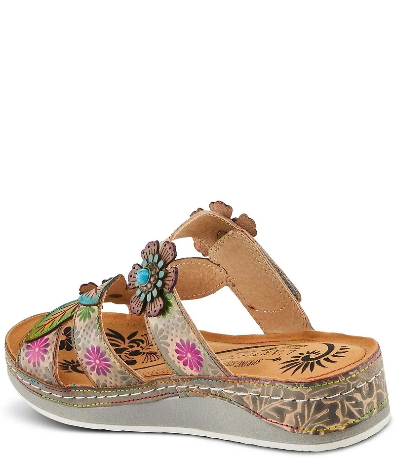 L'ARTISTE Pillow-Soft Leather Floral Embellished Platform Wedge Slides
